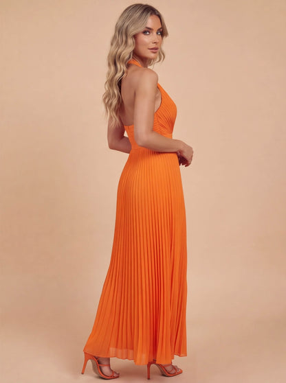 Elegante Maxikleid für Damen – Plissiertes Abendkleid mit Neckholder & tiefem V-Ausschnitt