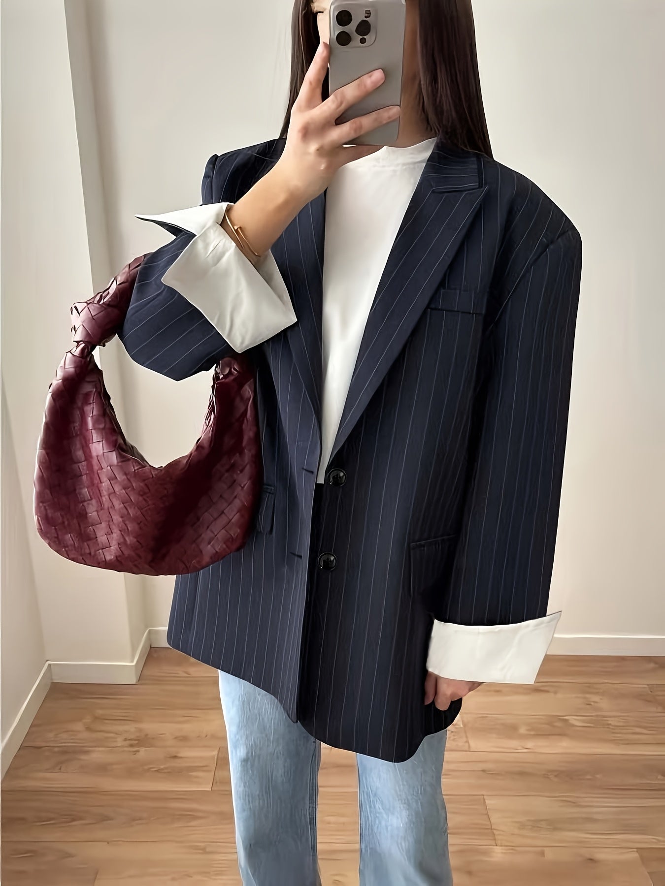 Alixane - Blazer Oversize a righe Blu Scuro per Donne con Bottoni – Giacca Primaverile