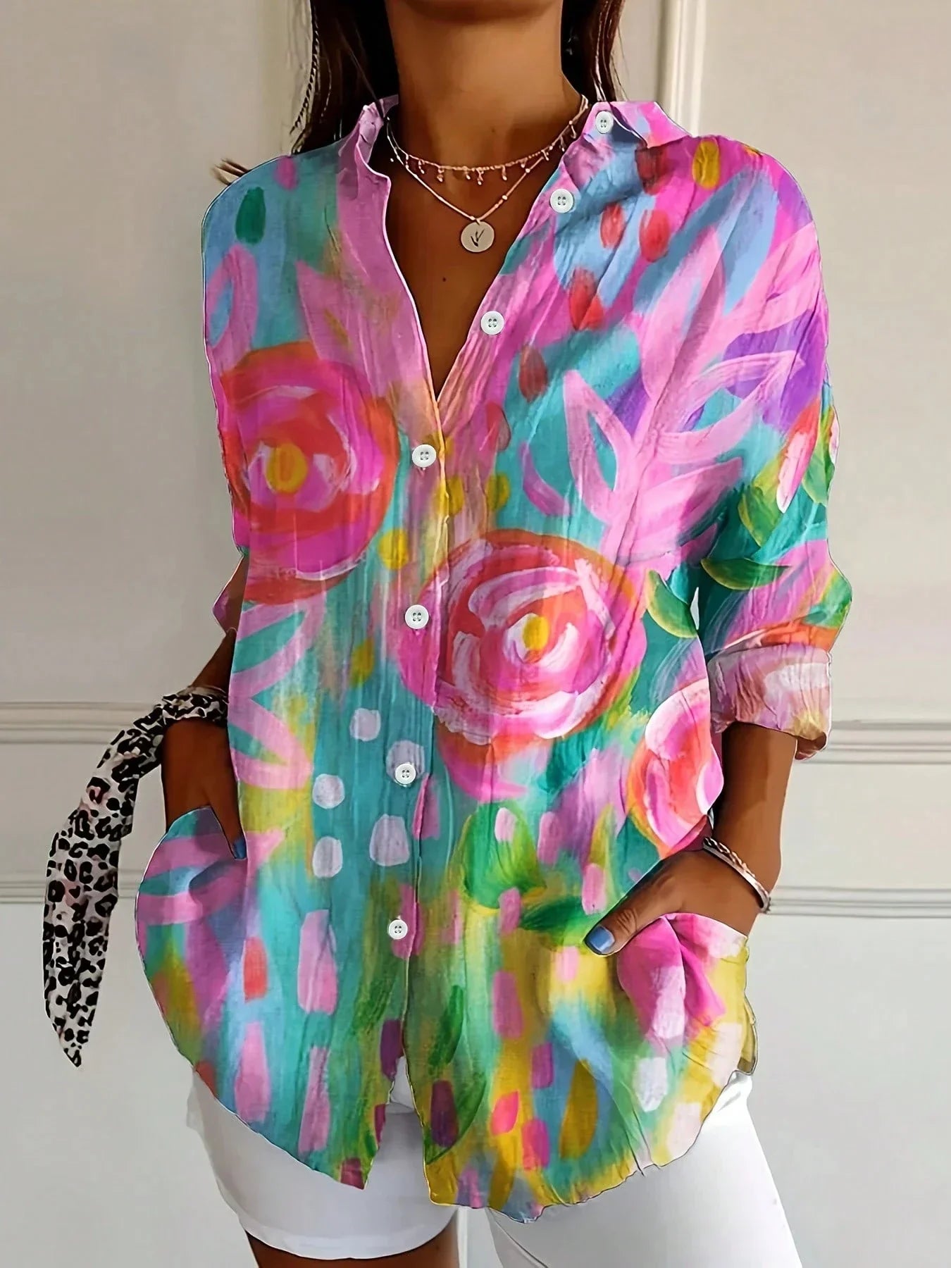 Blusa floreale leggera per donne – Camicia a maniche lunghe colorata ed elegante
