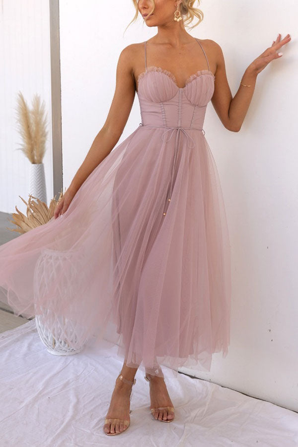Aurélina - Abito Midi Estivo con Corsetto per Donne, Gonna in Tulle e Spalline a Spaghetti
