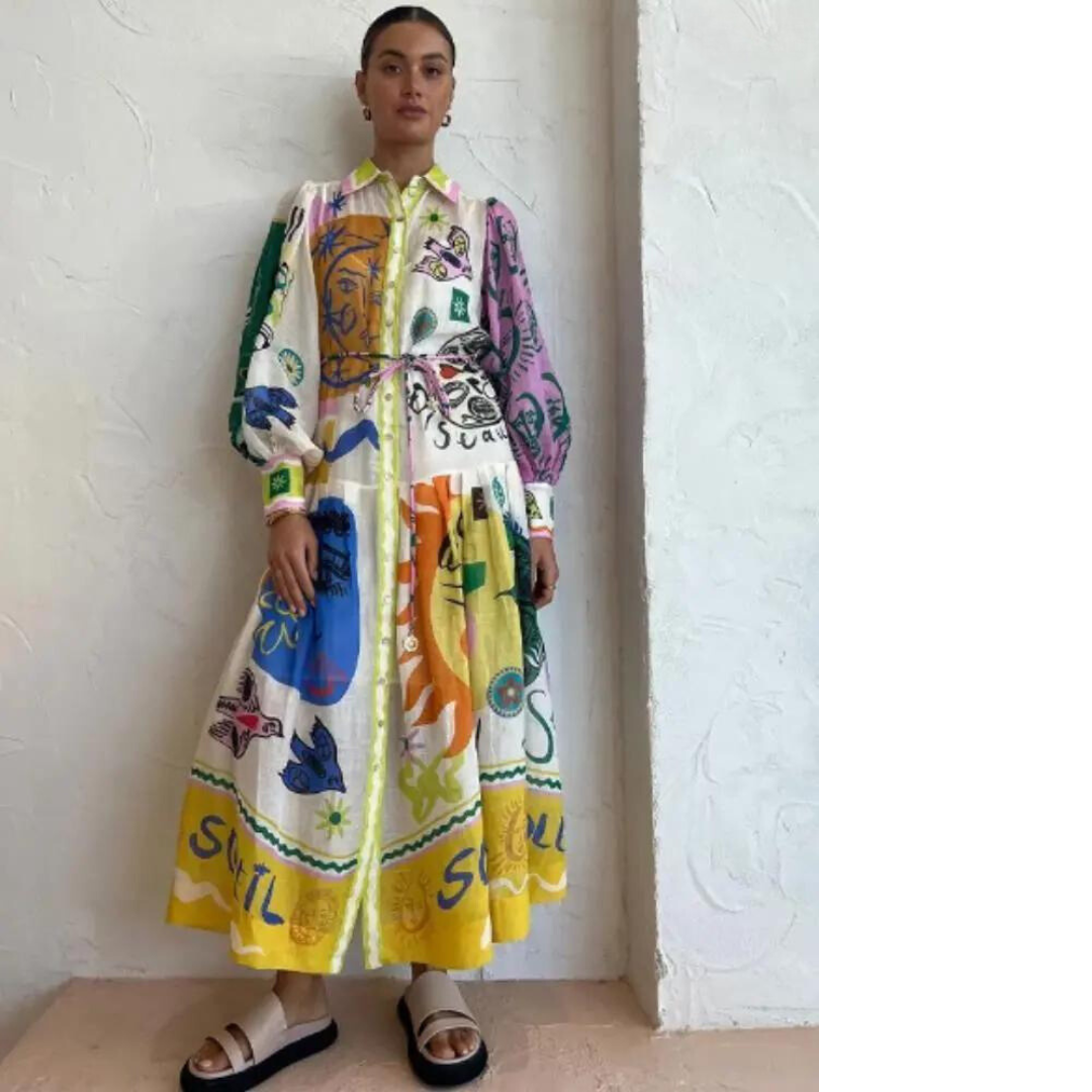 Abito maxy boho con stampa artistica per donne – Elegante abito camicia con cintura