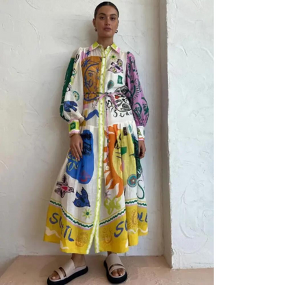 Abito maxy boho con stampa artistica per donne – Elegante abito camicia con cintura