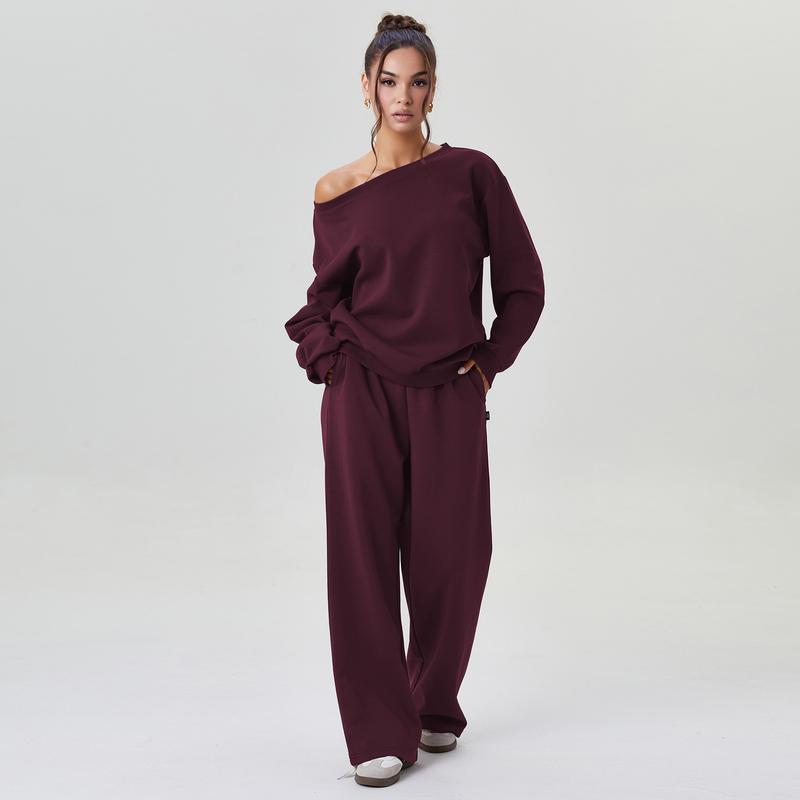 Set Lounge da Donna Casual con Sweatshirt a Spalla Scoperta – Comodo Due Pezzi con Pantaloni Larghi