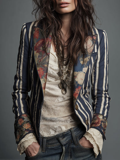 Oréliane - Blazer Vintage Aderente in Boho-Chic con Fiori e Strisce per Donne