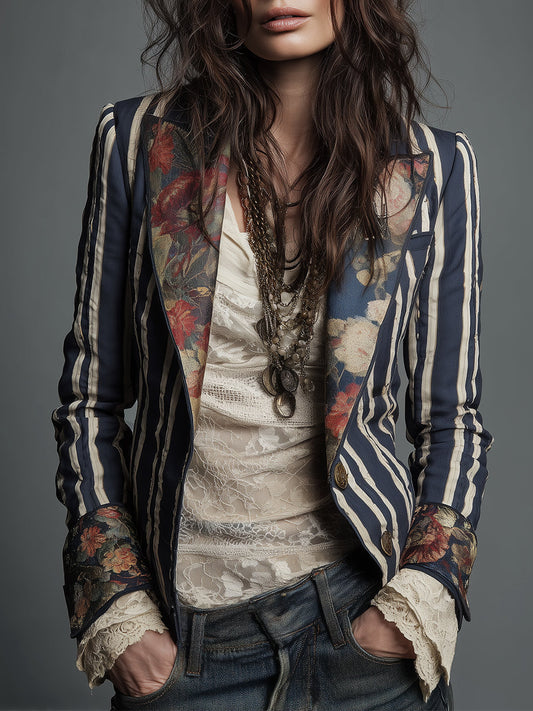 Oréliane - Blazer Vintage Aderente in Boho-Chic con Fiori e Strisce per Donne