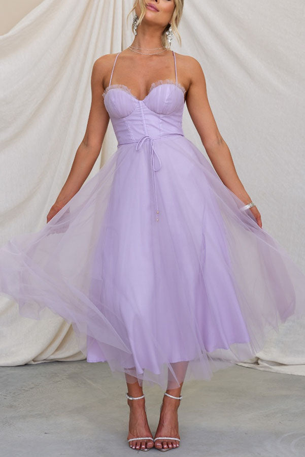 Aurélina - Abito Midi Estivo con Corsetto per Donne, Gonna in Tulle e Spalline a Spaghetti