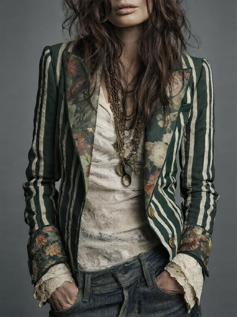 Oréliane - Blazer Vintage Aderente in Boho-Chic con Fiori e Strisce per Donne