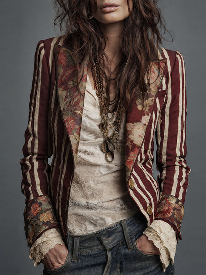 Oréliane - Blazer Vintage Aderente in Boho-Chic con Fiori e Strisce per Donne