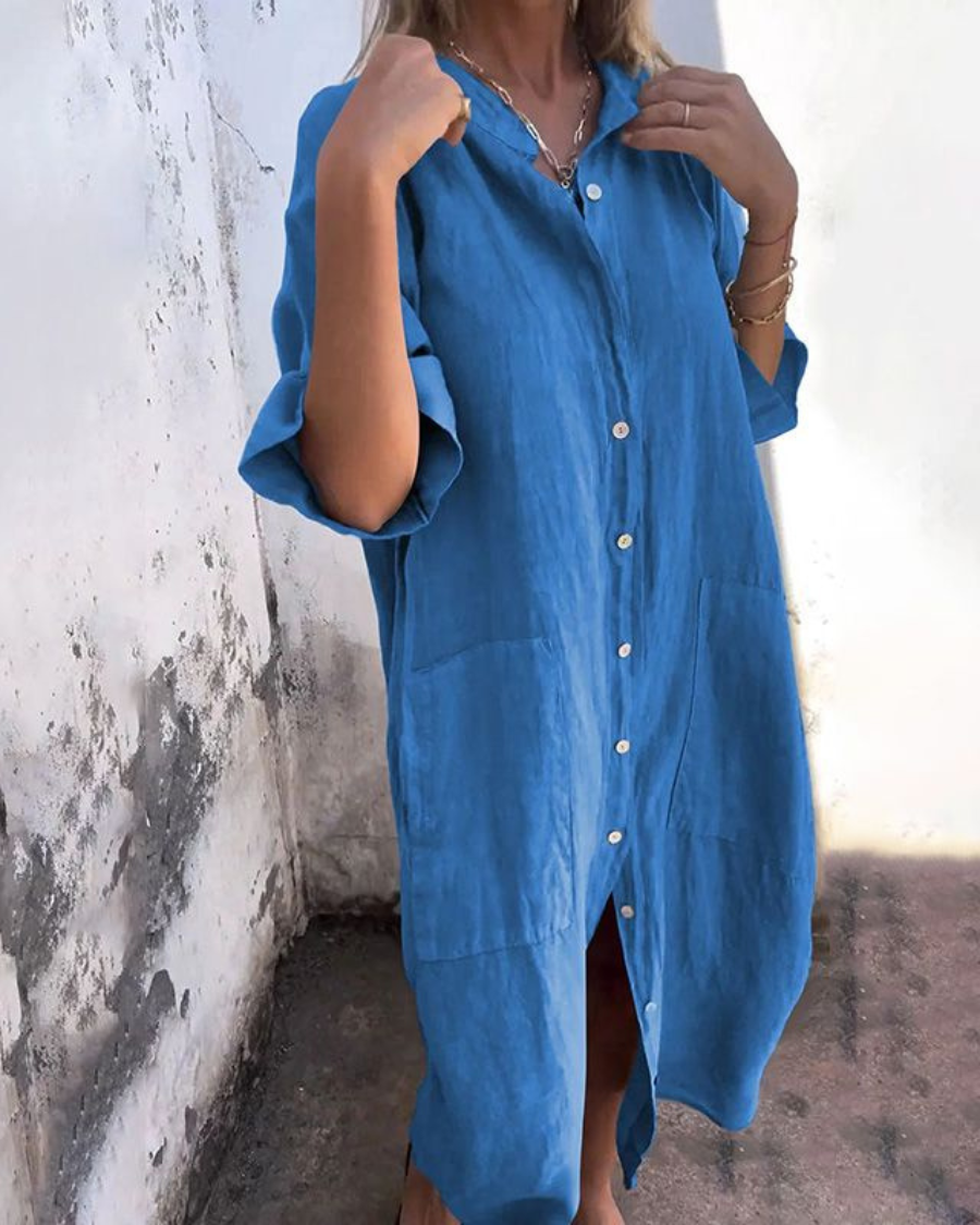 Abito camicia casual con bottoni per donne – Vestito in lino leggero con tasche e taglio oversize