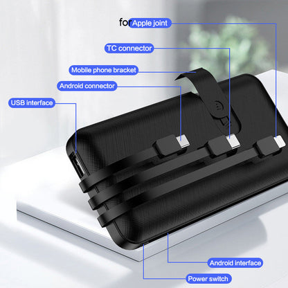 ElectraMax - Powerbank 30.000 mAh – Ricarica rapida – Alta capacità – 4 USB – Batteria esterna con cavi integrati e indicatore – Per iPhone e Xiaomi