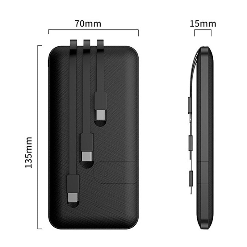 ElectraMax - Powerbank 30.000 mAh – Ricarica rapida – Alta capacità – 4 USB – Batteria esterna con cavi integrati e indicatore – Per iPhone e Xiaomi