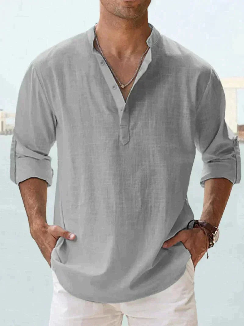 Camicia leggera in lino per uomo con colletto alto – Camicia a maniche lunghe traspirante per vita quotidiana e estate