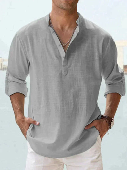 Camicia leggera in lino per uomo con colletto alto – Camicia a maniche lunghe leggera per la vita quotidiana e l'estate