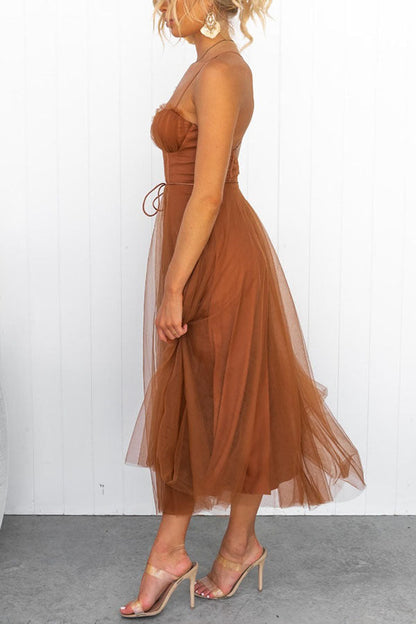 Aurélina - Abito Midi Estivo con Corsetto per Donne, Gonna in Tulle e Spalline a Spaghetti