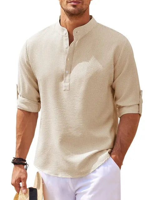 Camicia Henley con struttura a nido d'ape leggera per uomini – Camicia casual traspirante con colletto alto