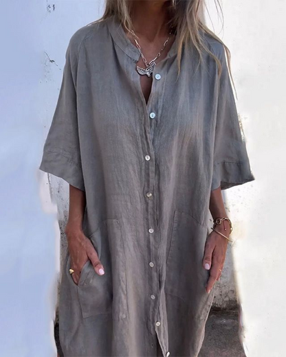 Abito camicia casual con bottoni per donne – Vestito in lino leggero con tasche e taglio oversize