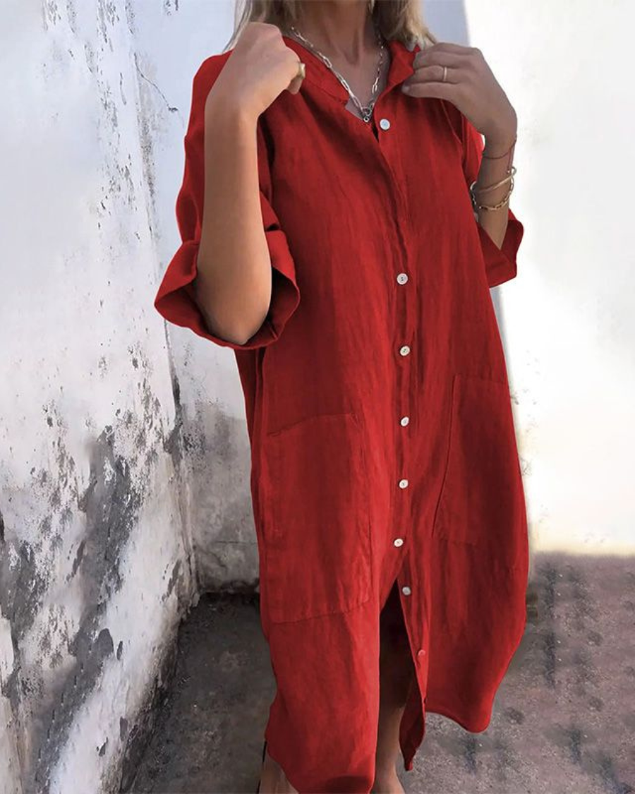 Abito camicia casual con bottoni per donne – Vestito in lino leggero con tasche e taglio oversize