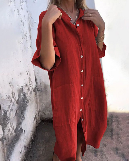 Abito camicia casual con bottoni per donne – Vestito in lino leggero con tasche e taglio oversize