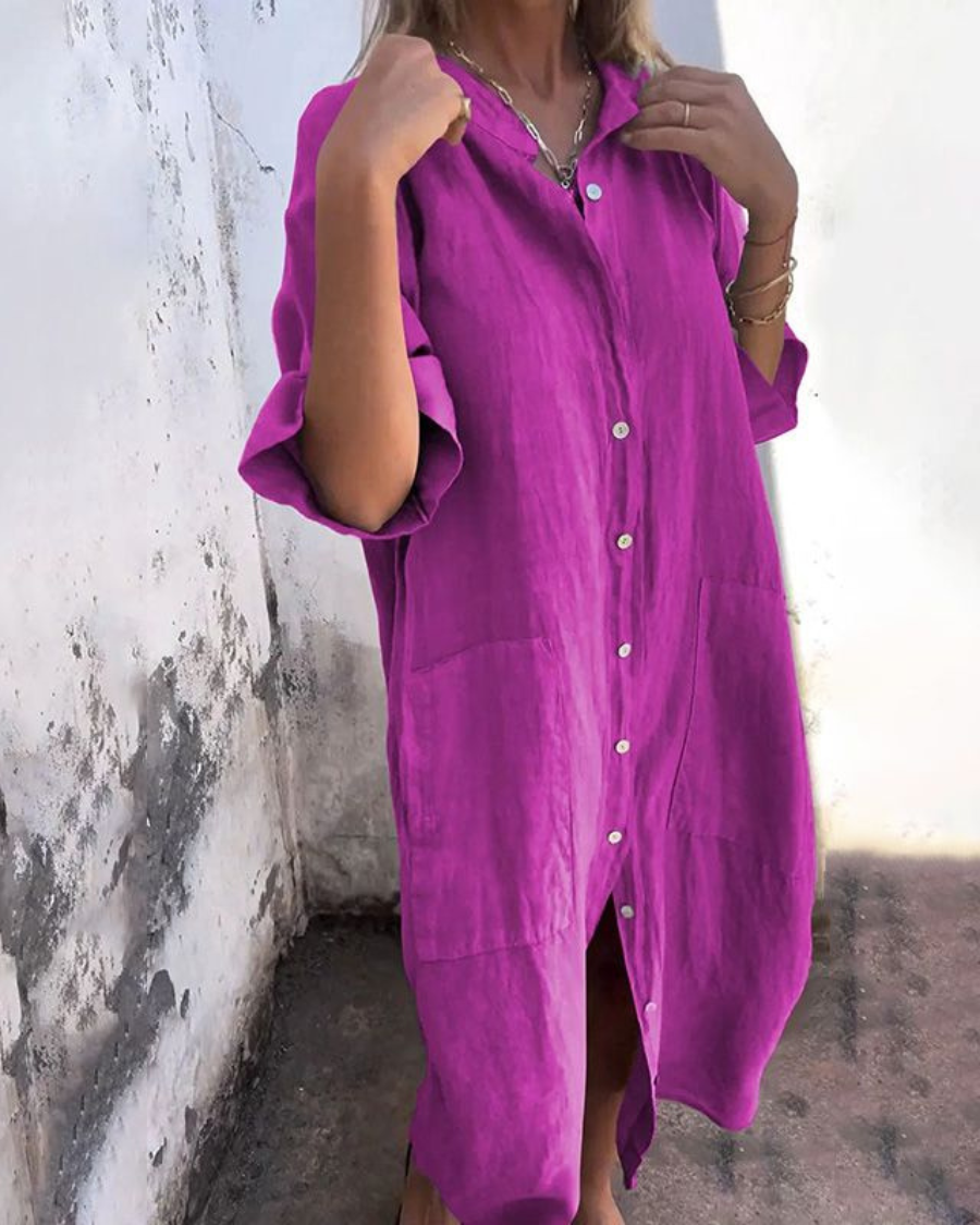 Abito camicia casual con bottoni per donne – Vestito in lino leggero con tasche e taglio oversize