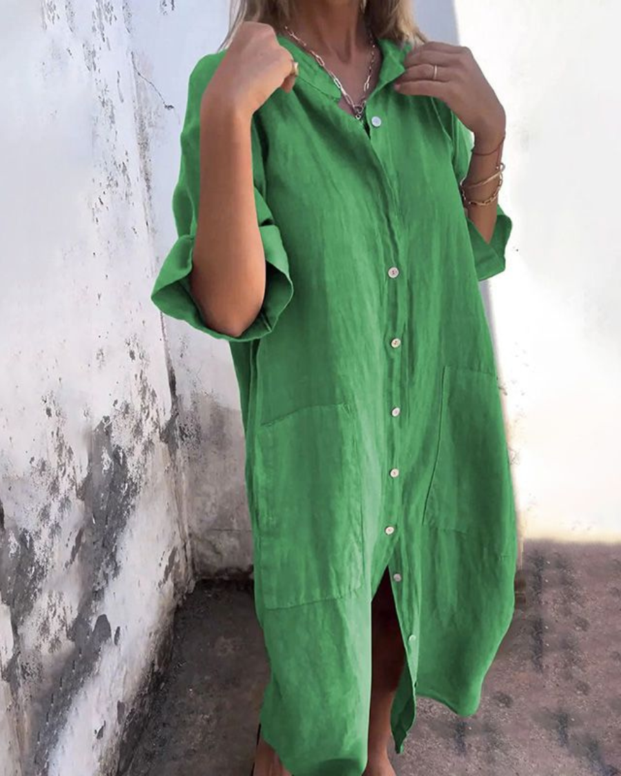 Abito camicia casual con bottoni per donne – Vestito in lino leggero con tasche e taglio oversize