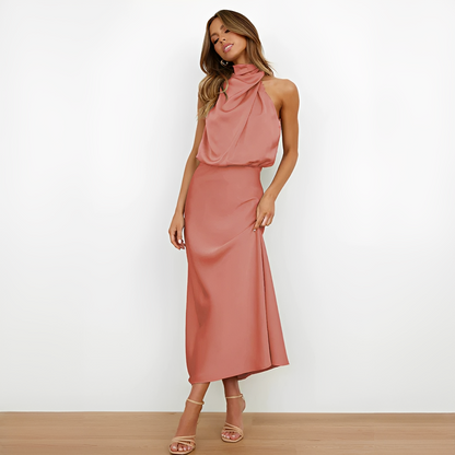 Aurivine - Elegante abito lungo in seta con scollo all'americana e vita sagomata | Fai colpo questa primavera e estate