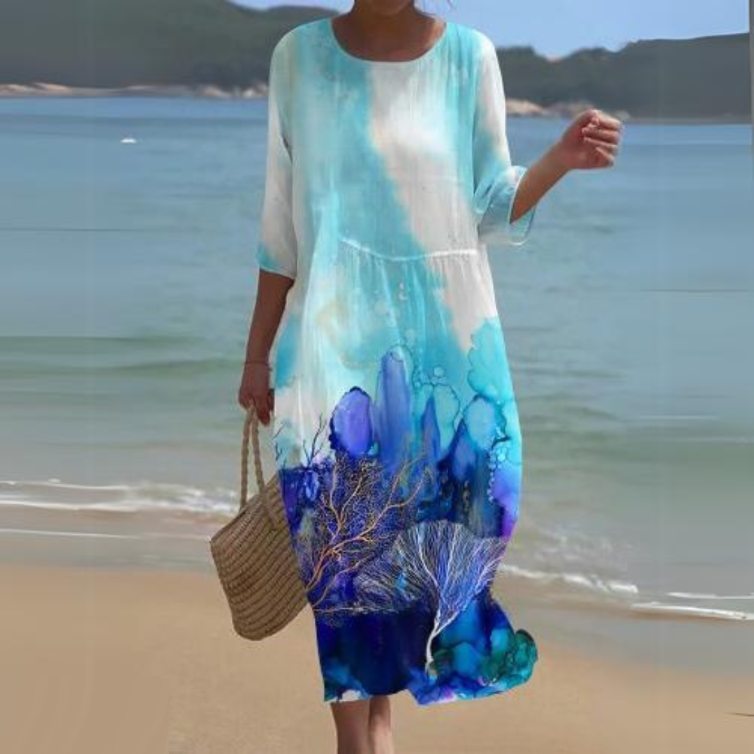 Briselle - Abito Maxy Elegante e Leggero con Stampa Floreale e Maniche a Tre Quarti