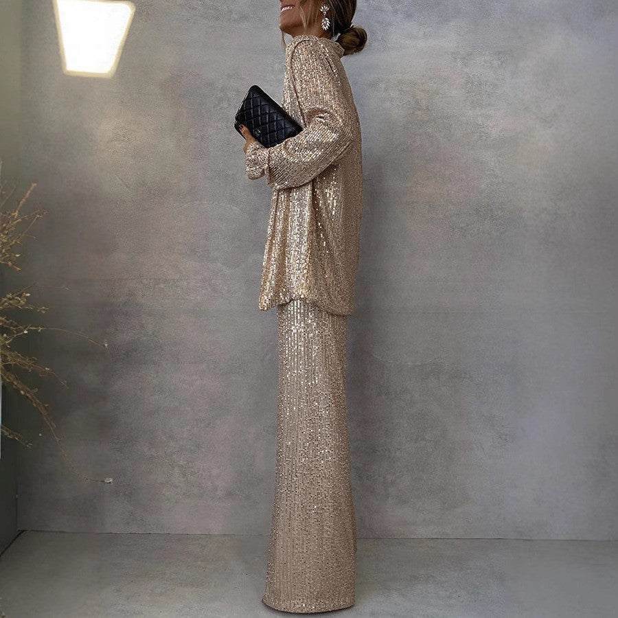 Set di Paillettes Brillanti per Donne – Elegante Due Pezzi con Pantaloni Larghi