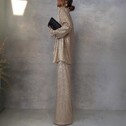 Set di Paillettes Brillanti per Donne – Elegante Due Pezzi con Pantaloni Larghi
