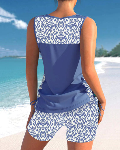 Completo da spiaggia per donne – Set tankini senza maniche con motivo etnico e pantaloni shorts comodi