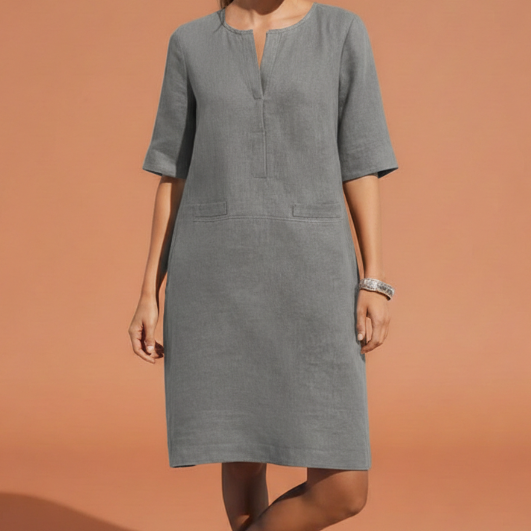 Vestito in lino semplice per donne – Abito estivo leggero con maniche a metà e scollo a V