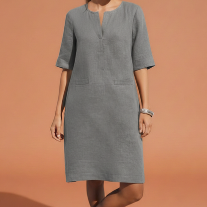 Vestito in lino semplice per donne – Abito estivo leggero con maniche a metà e scollo a V