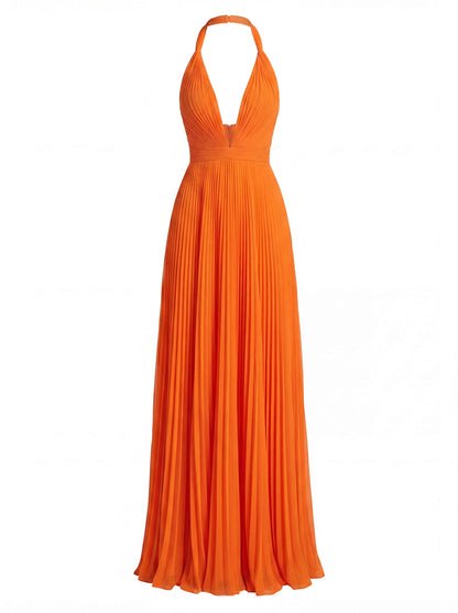 Elegante Maxikleid für Damen – Plissiertes Abendkleid mit Neckholder & tiefem V-Ausschnitt