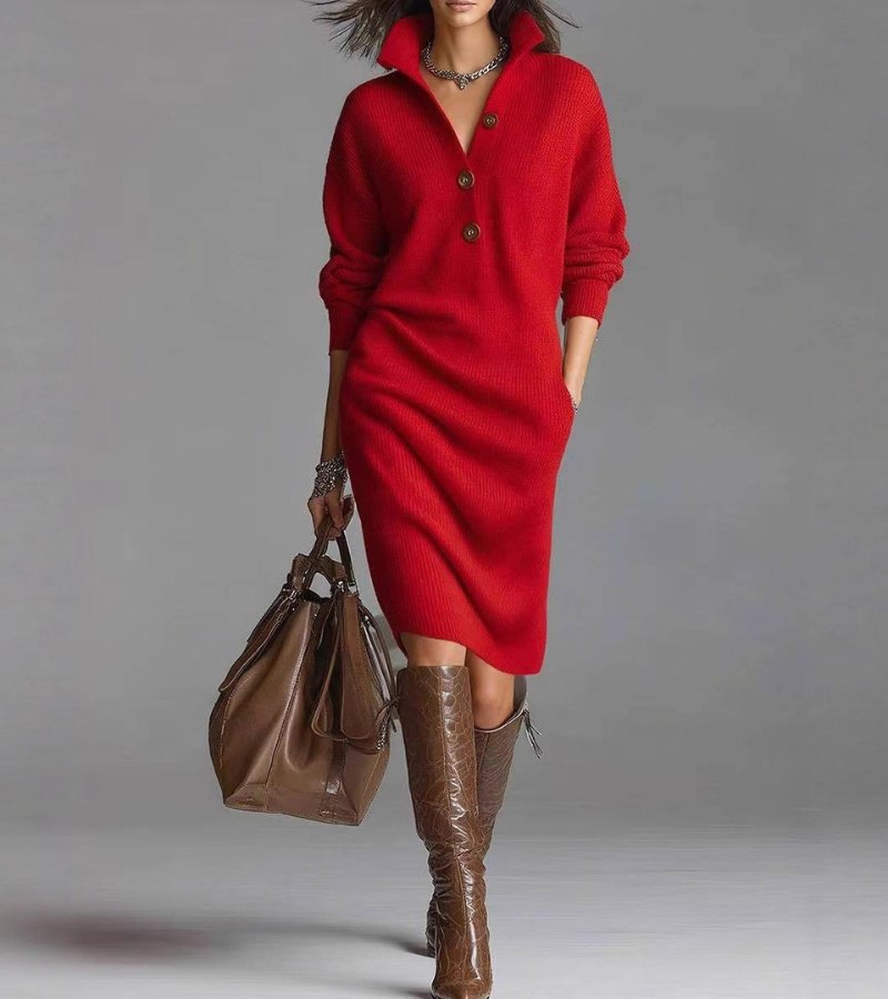 Elva - Abito camicia midi in morbida e comoda lana per donne, alla moda, con maniche lunghe e colletto a bottoni, ideale per la primavera