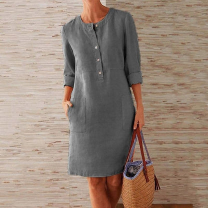 Abito midi con bottoni per donne – Abito casual con tasche e maniche 3/4