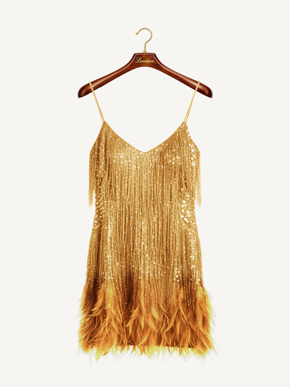 Elegante Abito con Paillettes e Frange per Donne – Glamouroso Abito da Cocktail per Feste con Orlo di Piume