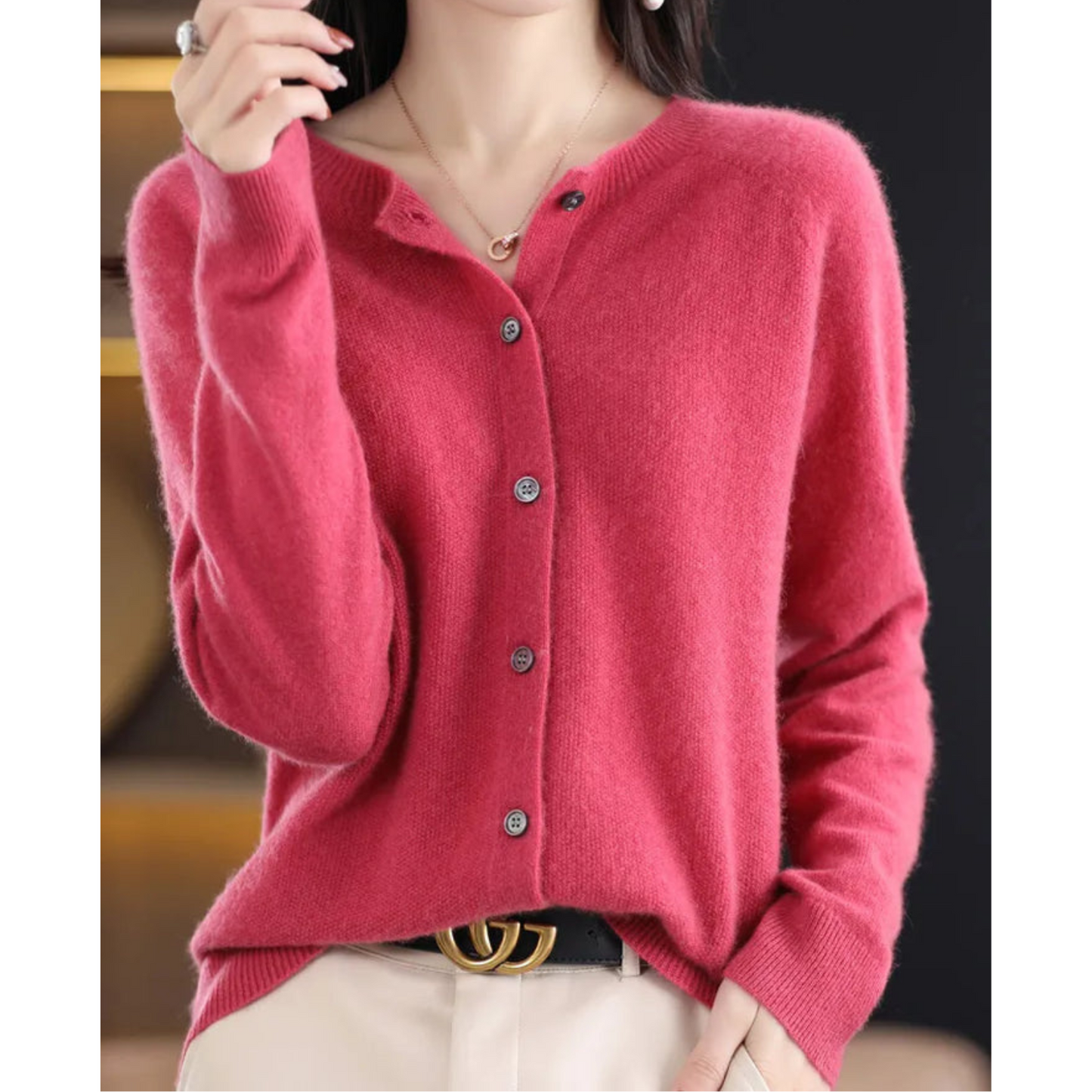 Bérélie - Cardigan da donna con scollo a barca in pura lana merino, stile cashmere, monocolore