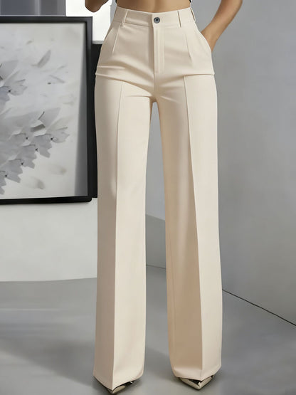Elegante pantalone in tessuto a vita alta per donne – Pantalone business ampio con gamba dritta