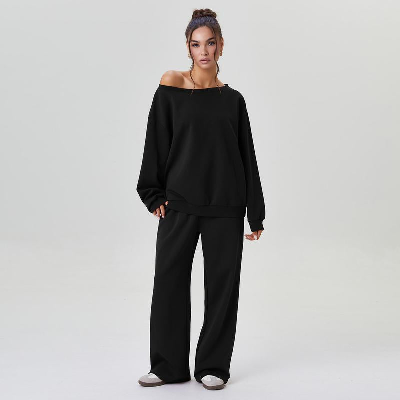 Set da lounge donna alla moda con felpa a spalla unica – Comodo due pezzi con pantaloni larghi