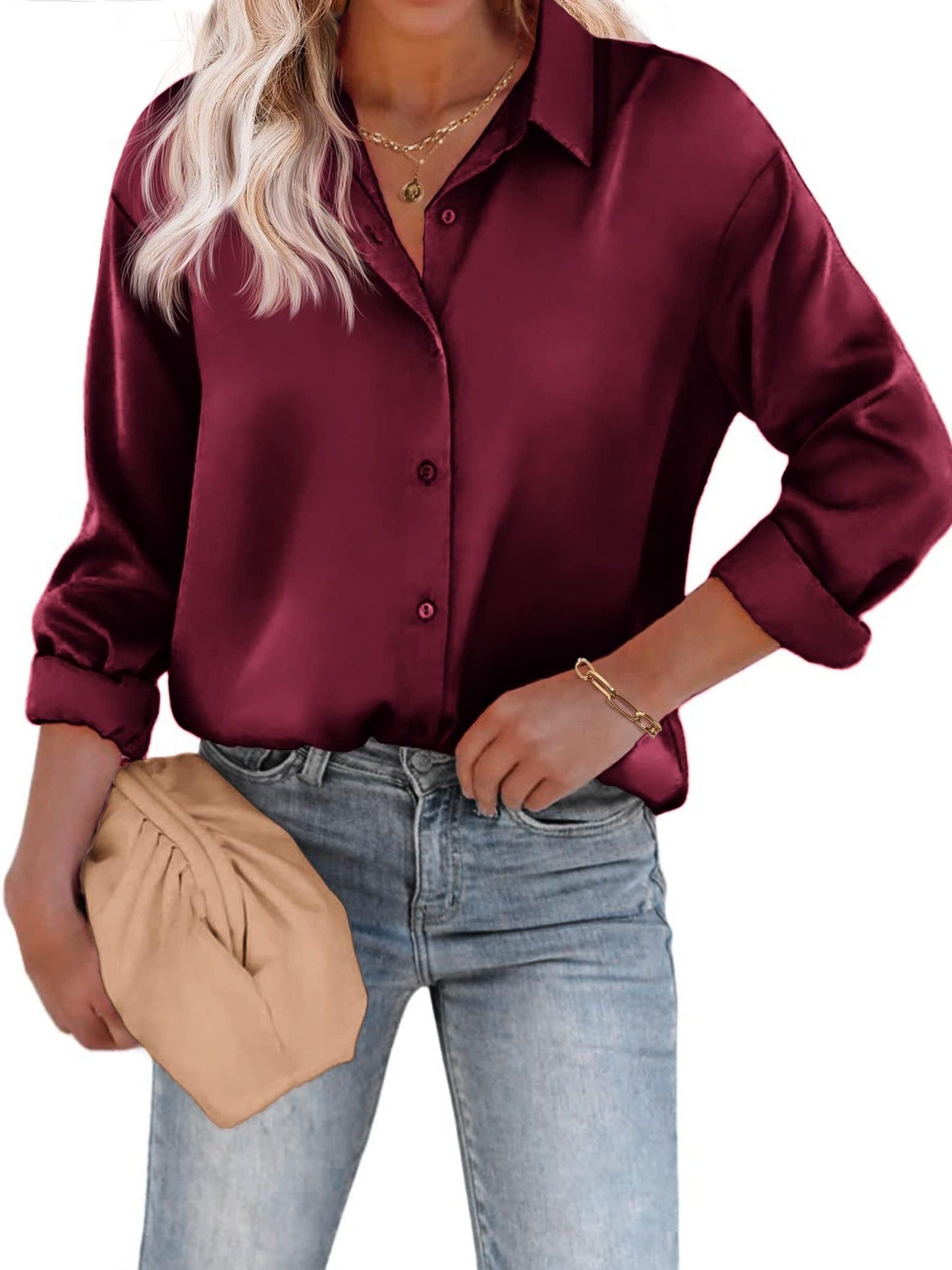Amélina - Blusa leggera in satin colorato con bottoni e maniche lunghe