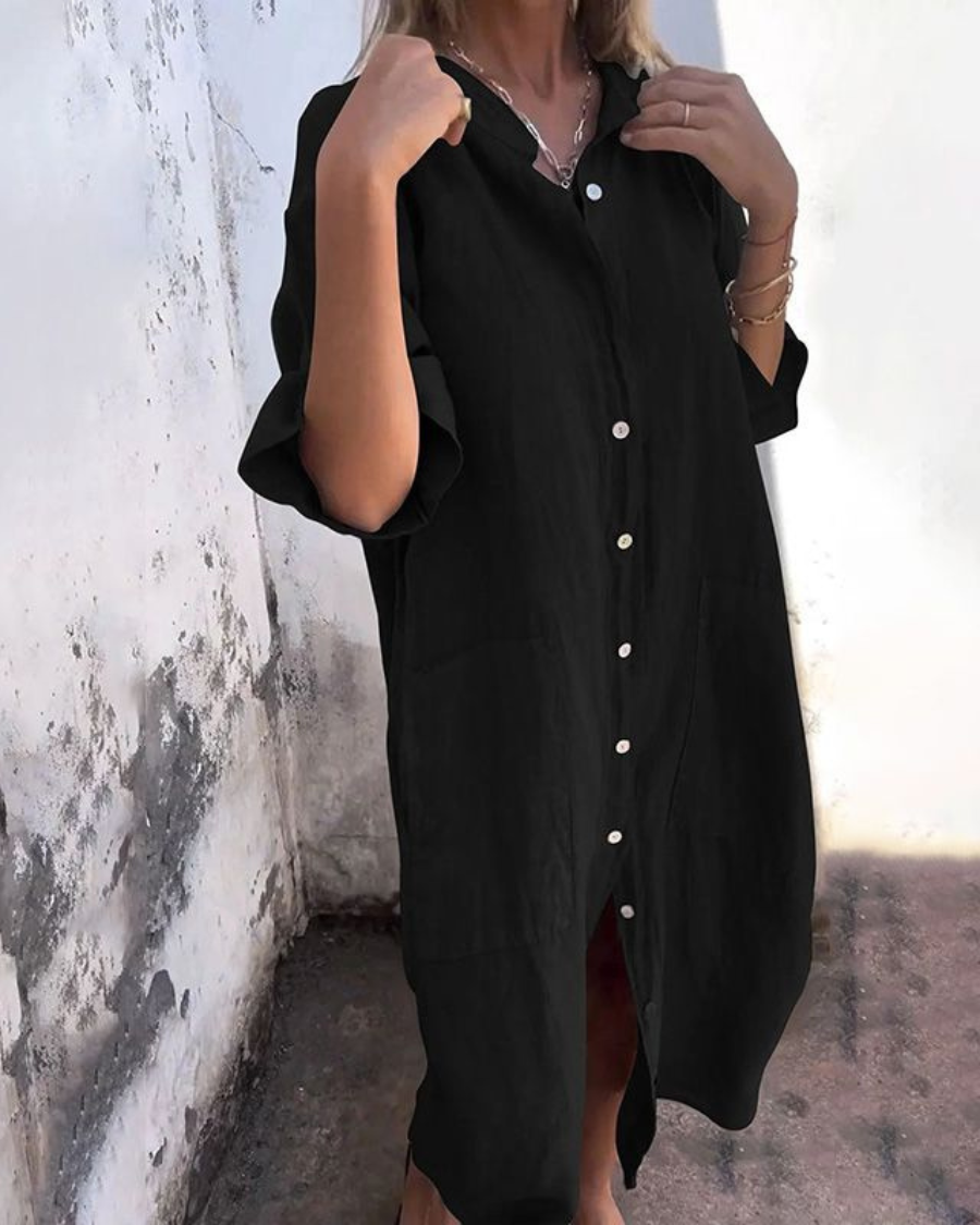 Abito camicia casual con bottoni per donne – Vestito in lino leggero con tasche e taglio oversize