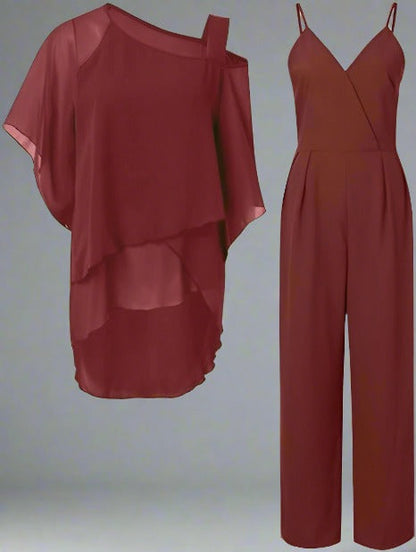 Elegante completo da donna a 2 pezzi con blusa in chiffon e pantaloni larghi – Comodo, Stiloso e Festivo