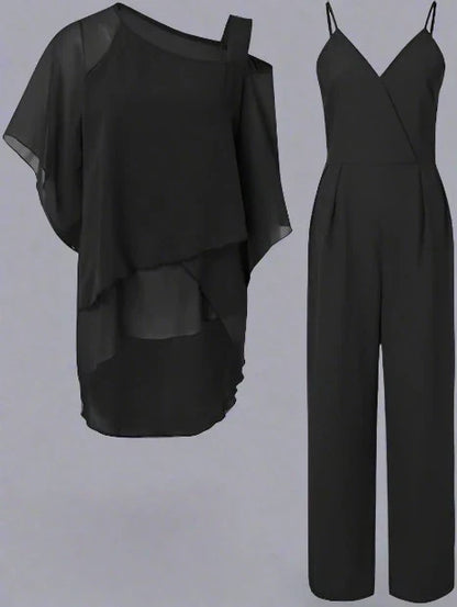 Elegante completo da donna a 2 pezzi con blusa in chiffon e pantaloni larghi – Comodo, Stiloso e Festivo