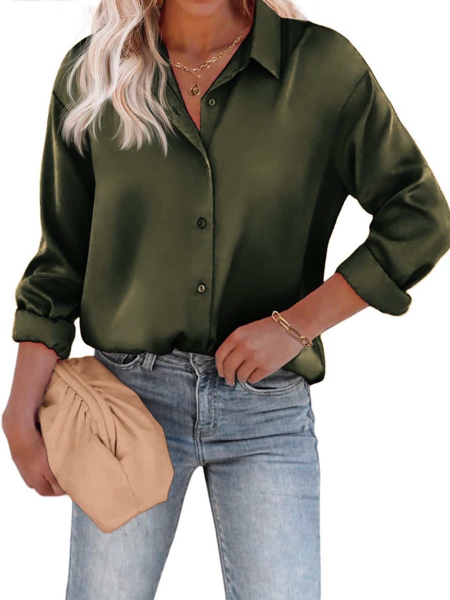 Amélina - Blusa leggera in satin colorato con bottoni e maniche lunghe