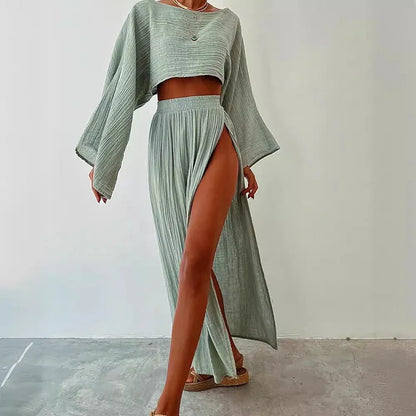 Alizenne - Completo estivo leggero ed elegante in lino per le vacanze, composto da un crop top a maniche lunghe con taglio ampio e una maxi gonna con doppio spacco laterale