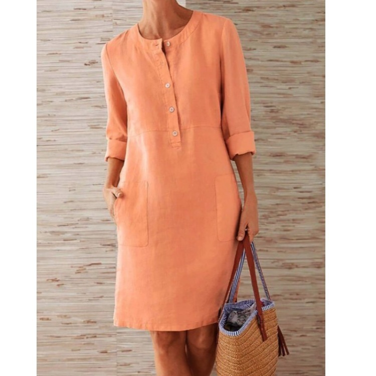 Abito midi con bottoni per donne – Abito casual con tasche e maniche 3/4