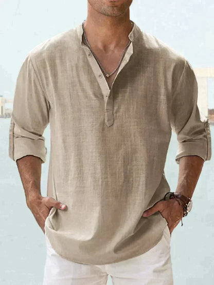 Camicia leggera in lino per uomo con colletto alto – Camicia a maniche lunghe traspirante per vita quotidiana e estate
