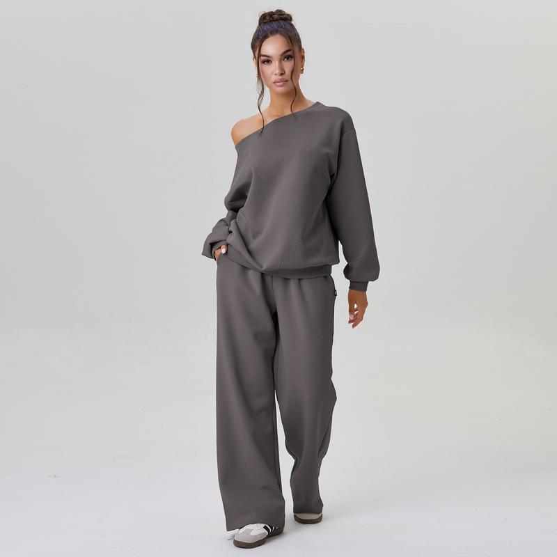 Set da lounge donna alla moda con felpa a spalla unica – Comodo due pezzi con pantaloni larghi