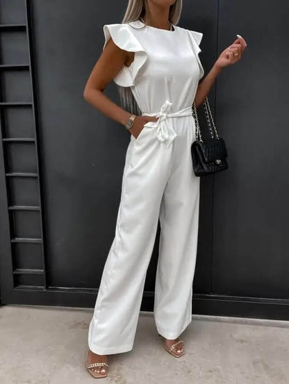 Noélia - Maxi-Overall in satin con maniche corte, spalle ondulate, colletto alto, cintura e gamba ampia