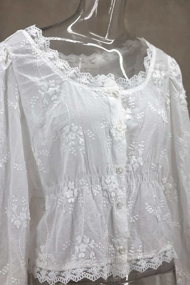 Joséphine - Blusa Primavera Bohemien Romantica in Pizzo con Maniche Lunghe e Dettagli Floreali per Donne