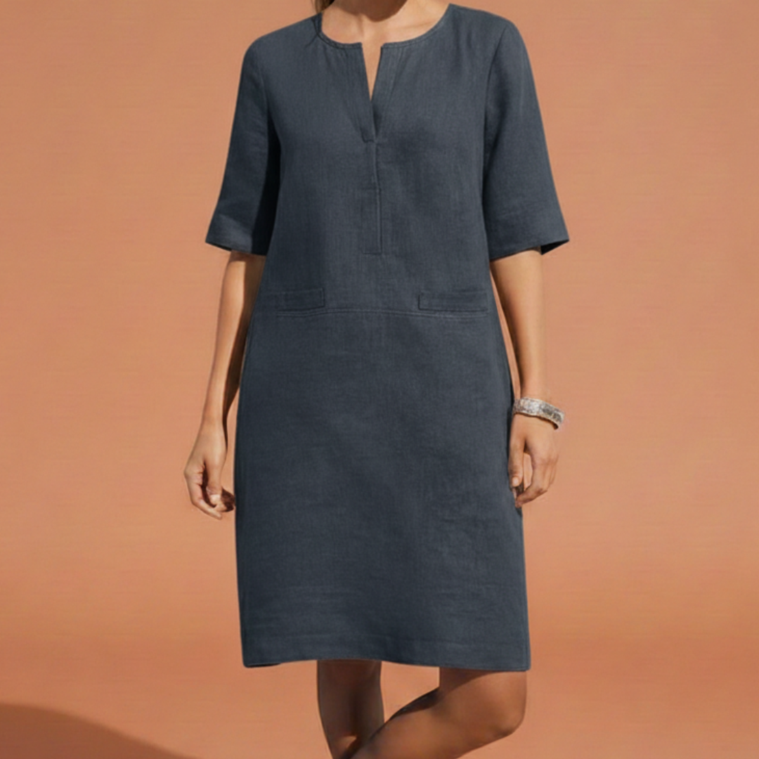 Vestito in lino semplice per donne – Abito estivo leggero con maniche a metà e scollo a V